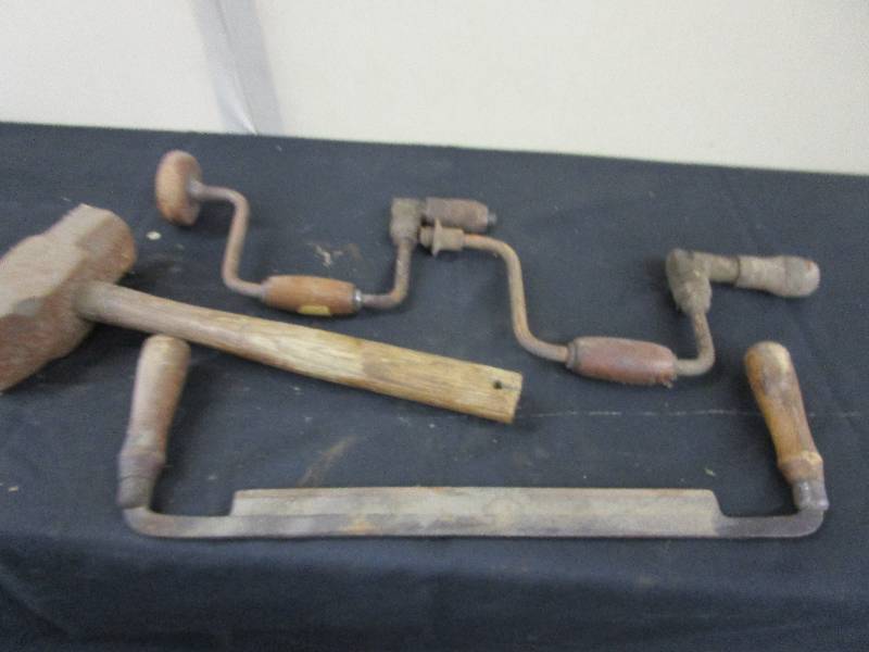 Antique garage items, draw knife and hand drills