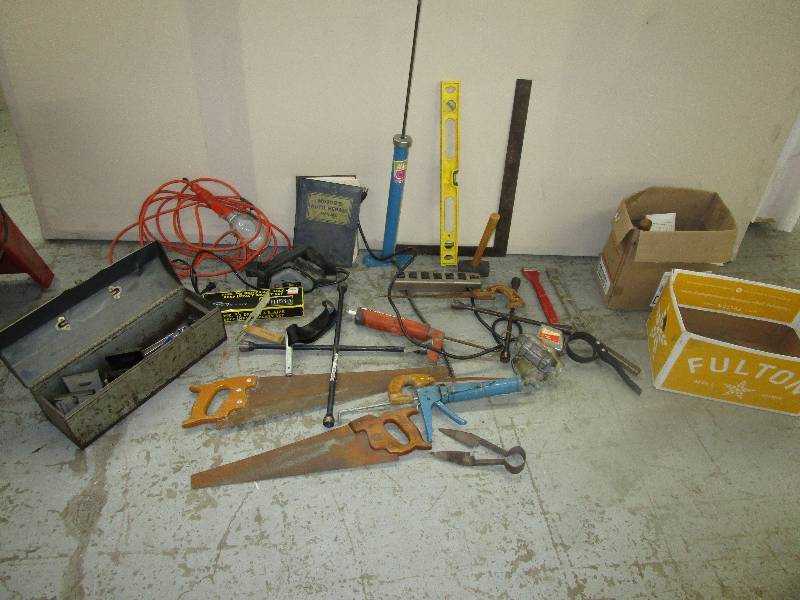 Assortment of tools, tool box, greesers, air pump, power strip, saws