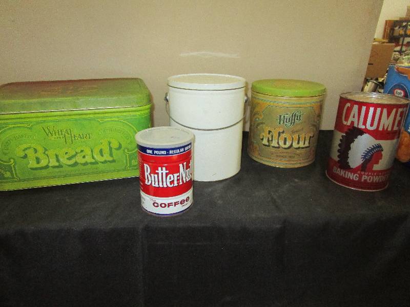old tin bread box, tin flour can, old coffee can