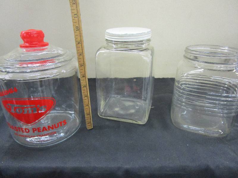 1 Toms toasted peanusts glass jar, and 2 other glass jars