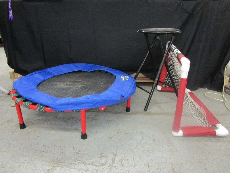 Exercise trampoline great for sore knees, Collapsible stool and a Kids hockey net