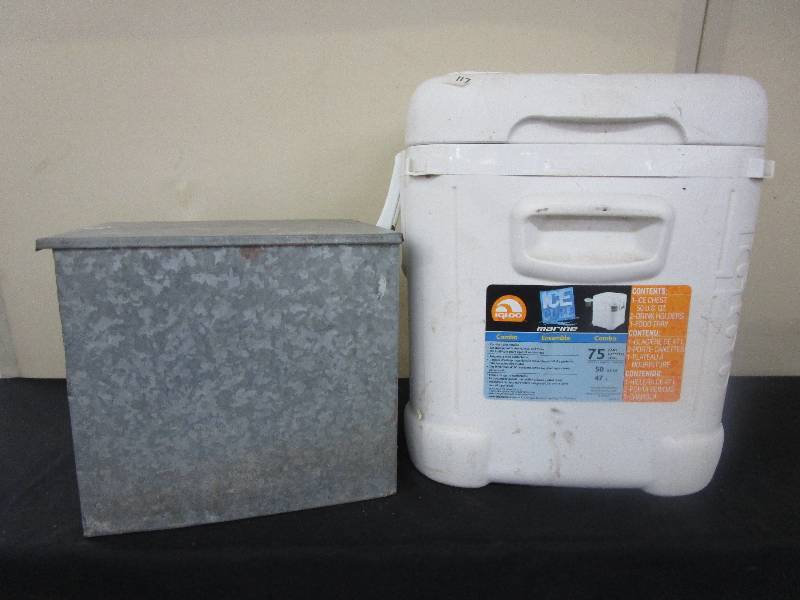 75-Can Igloo Cooler and Galvanized old milk Box 13x 11 12 x 12