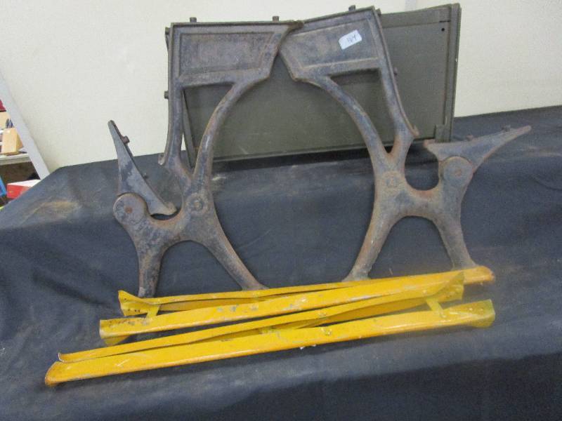Cast Iron old Desk Legs , Metal File Drawer and Saw Horse legs