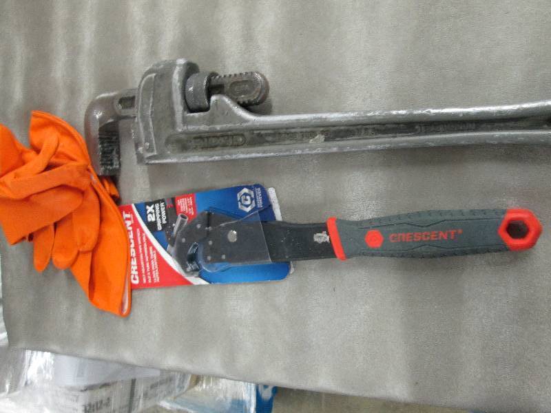 Lot of 2 Pipe Wrenches, Rubber Glov...