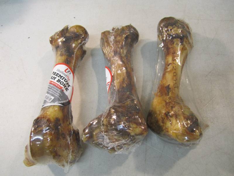 lot 224 image: 3 Large Premium Ham Bone Dog Chews ...