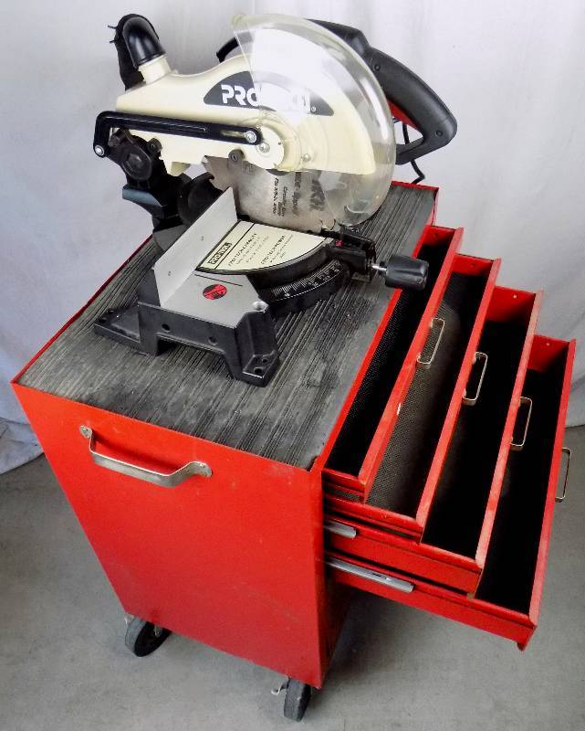 lot 26 image: (See Video) Pro-Tech 7107 10 Miter Saw with Rolling Tool Chest (See Video)