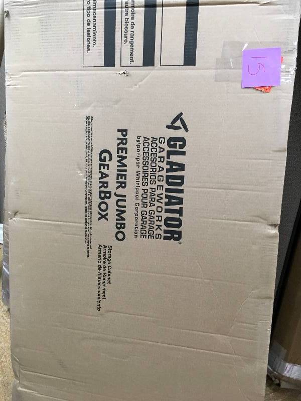 lot 15 image: Gladiator Heavy Duty Freestanding Garage Cabinet in White Storage Wall Mount not used