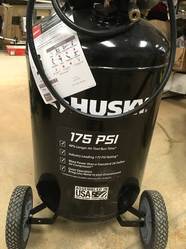 lot 66 image: Husky 30 Gal. 175 PSI High Performance Quiet Portable Electric Air Compressor in like New working conditions