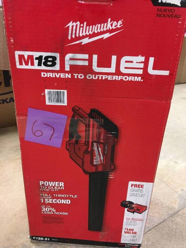 lot 67 image: Milwaukee M18 FUEL 100 MPH 450 CFM 18-Volt Lithium Ion Brushless Cordless Handheld Blower Kit W 5.0Ah Battery & Charger in good conditions