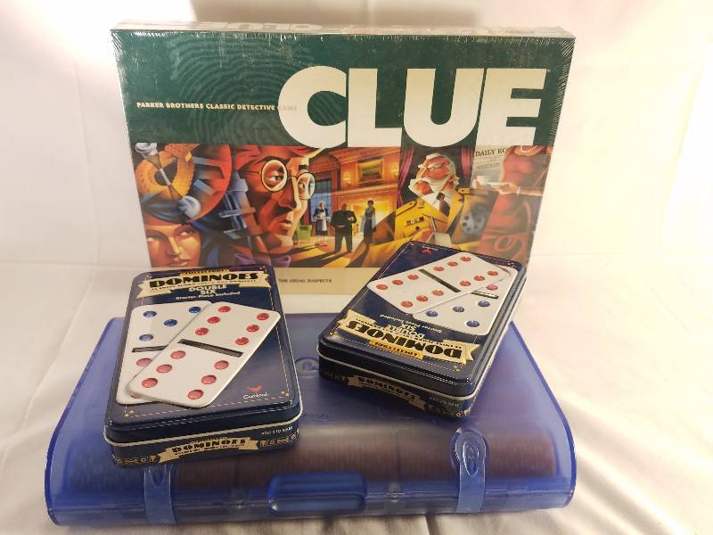 CLUE, DOMINOES, POKER CHIPS