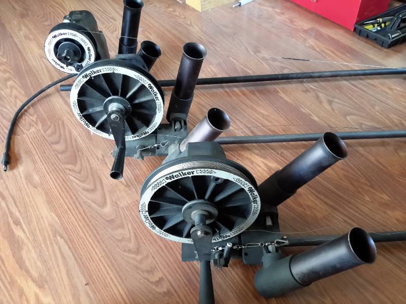 lot 138 image: Walker Downriggers Deep Sea Fishing Set, Reels, Holders, Spinners, Weights and More (See Close-Ups)
