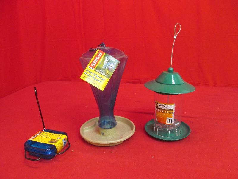 lot 90 image: Stokes Drink-N-Bahe Water Feeder, Snacks-N-Treatsfeeder,Belle Fleur Bird Feeder - All New