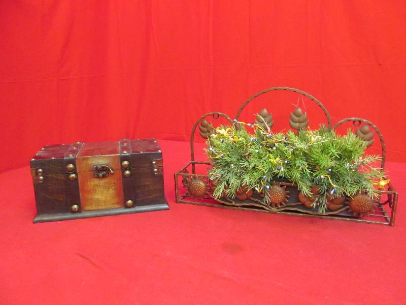 lot 37 image: Wood Chest 6x10x5, Metal Shelf w Flowers 17 wide