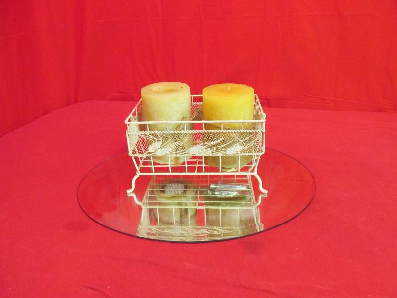 lot 38 image: Footed Metal Basket 10x7 w 2 Large Candles, Oval Beveled Mirror 20x16- 3 Piece Matching Wall Decor