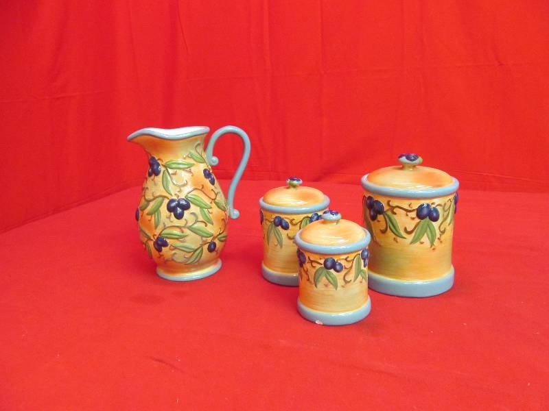 lot 40 image: Ceramic 3 Piece Canister Set w Matching Pitcher- Bella Casa