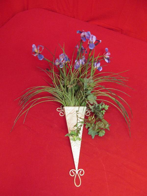 lot 42 image: Metal Wall Pocket w Flower Arrangment 29 Tall