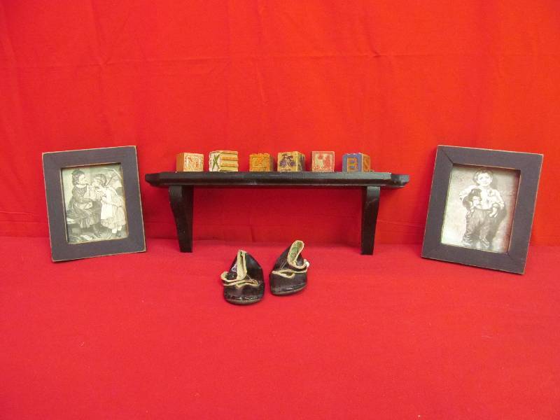 lot 52 image: Vintage Wood Blocks, Baby Shoes, 2 - 3x5 Pictures, Wood Shelf