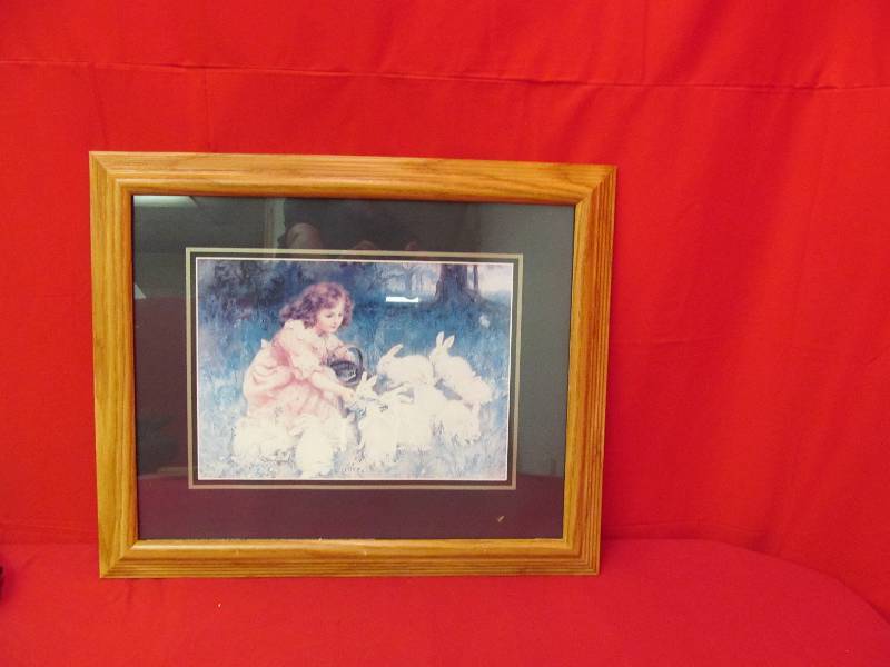 lot 66 image: Girl wBunnies Framed Picture 19x24