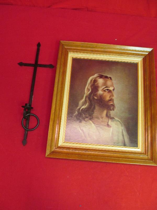 lot 69 image: Handmade Crusifix Candle Holder - Metal 25 Tall, Litho Print Jesus - Copyright 1941-1968 - Warren Sallman 1940 - 22x26