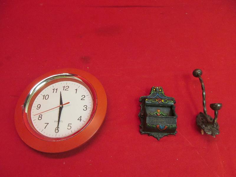 lot 82 image: Wall Clock 10 Diameter, Vintage Cast Iron Match Stick Holder, Coathook