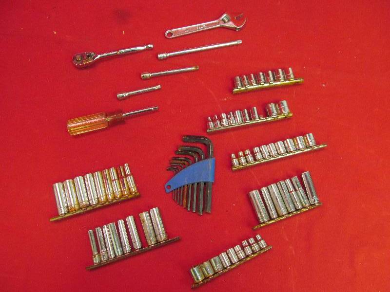 lot 84 image: Group of 14 Drive Sockets, Extentions, Ratcher, Allen Wrench Set, Adjustable Wrench