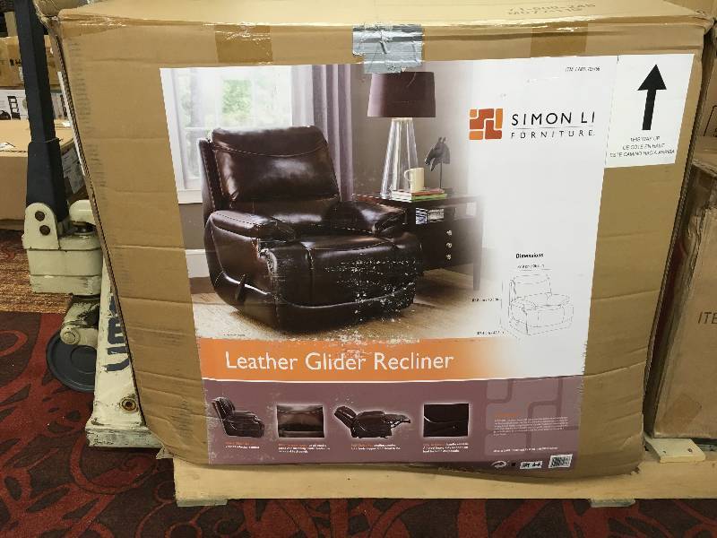 lot 165 image: SIMON LI LEATHER RECLINER, RETAIL $479.99