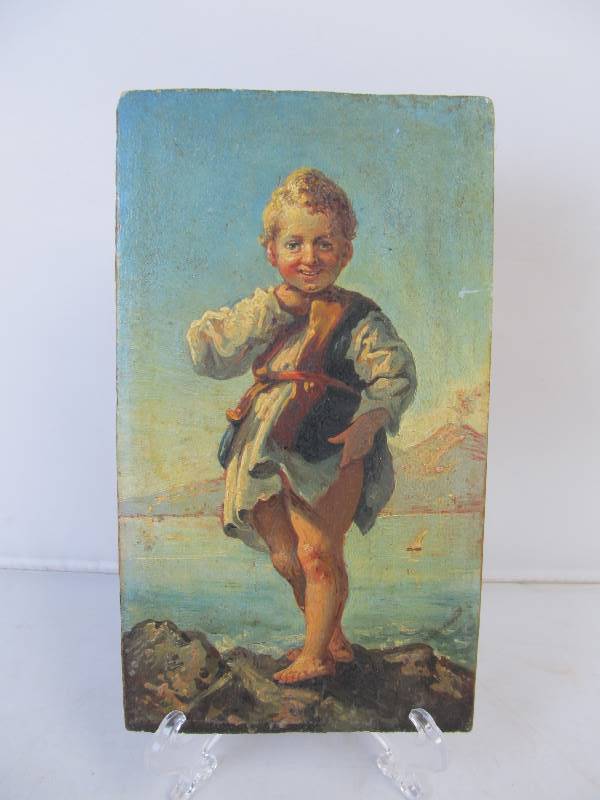 lot 74 image: Early Antique Small European Oil on Wood Painting - Young Boy by the Water