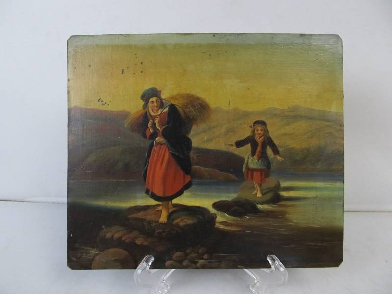 lot 75 image: Early Antique Small European Oil on Tin Painting 