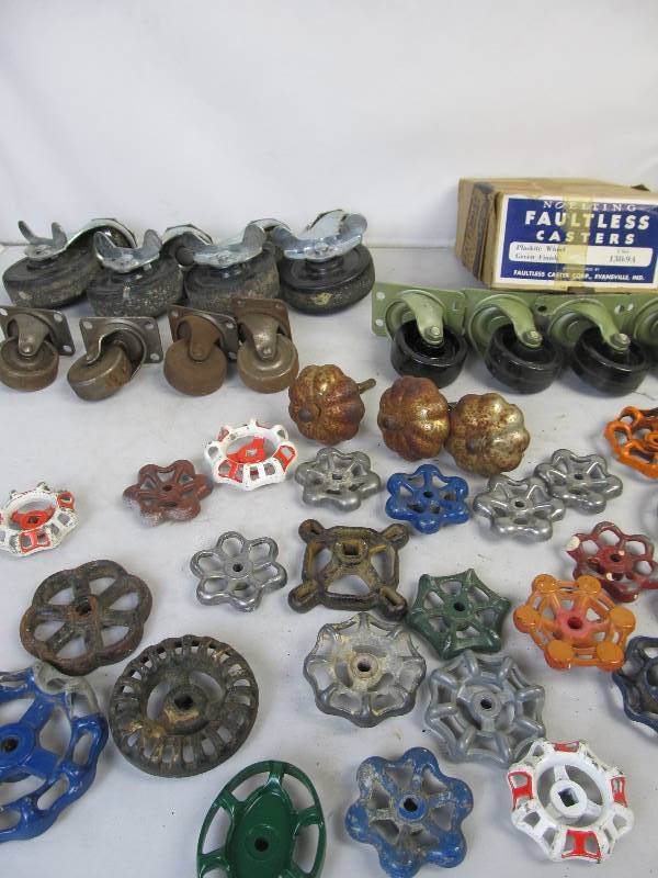 lot 88 image: Lot of Vintage Casters Industrial Handles & Porcelain Light Sockets