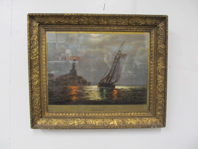 lot 29 image: Antique Framed James G Tyler Color Lithograph Lighthouse Print Ocean Lights