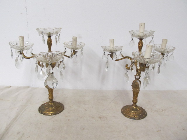lot 31 image: Vintage 1950s Italian Gilt Candelabra Lamps wCrystal Prisms