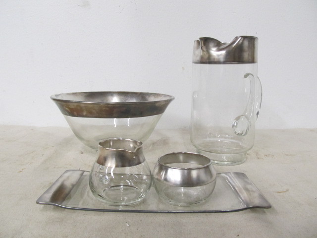 lot 37 image: Lot of Mid Century Silver Rim Glass Serving Pieces