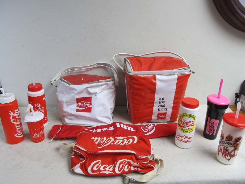 lot 150 image: Lot of Vintage Coca Cola Bags & Water Bottles