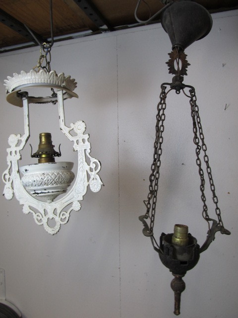 lot 129 image: Pair of Antique Iron Hanging Lamps - Missing Parts