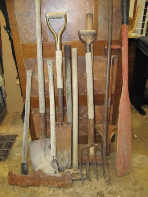 lot 131 image: Lot of Vintage etc Yard Tools Axes Shovels etc