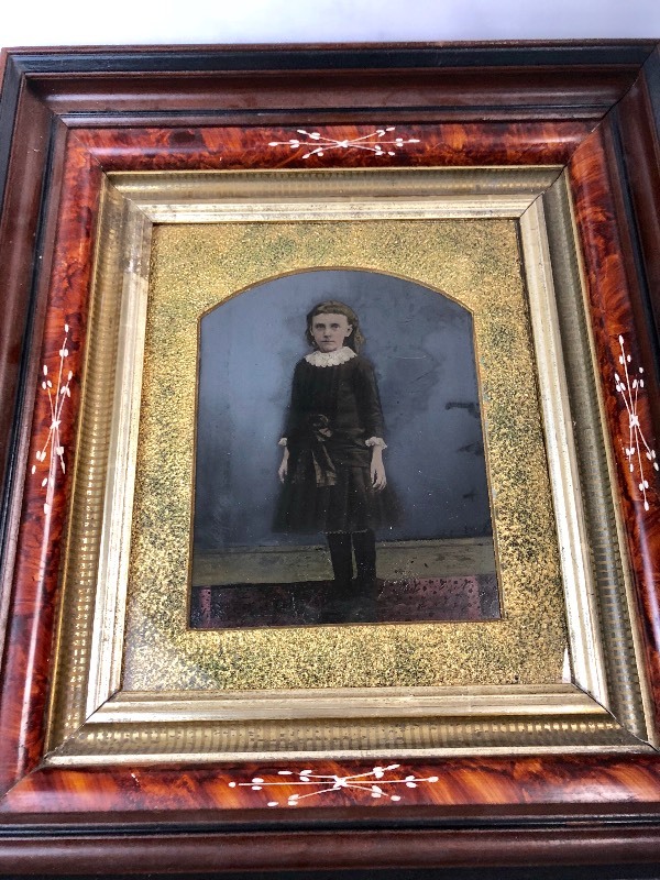 lot 5 image: Beautiful Antique Large Full Plate Framed Tintype of Young Girl