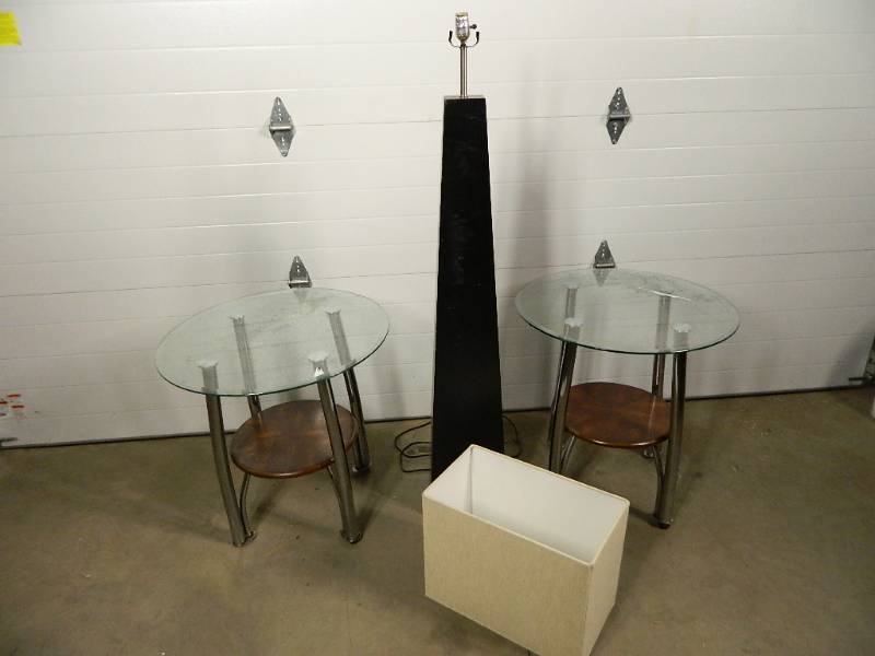lot 249 image: 2 Glass Top End Tables and Tall Floor Lamp