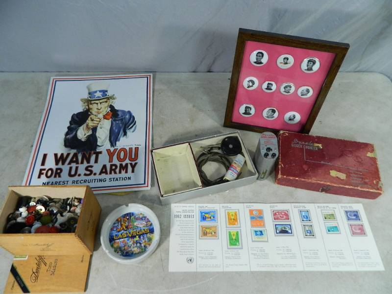 lot 45 image: Buttons, Geiger Counter, Stamps, Collectibles