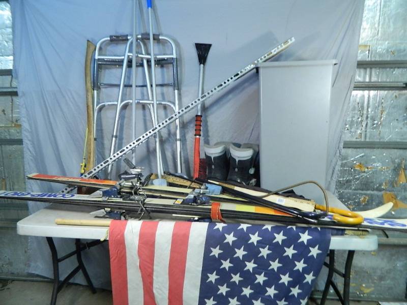 lot 82 image: Skis, Long Handle Tools, Trash Bin, Walker, Etc