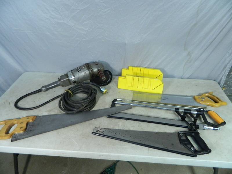 lot 103 image: Large Grinder, Hand Saws, Miter Box
