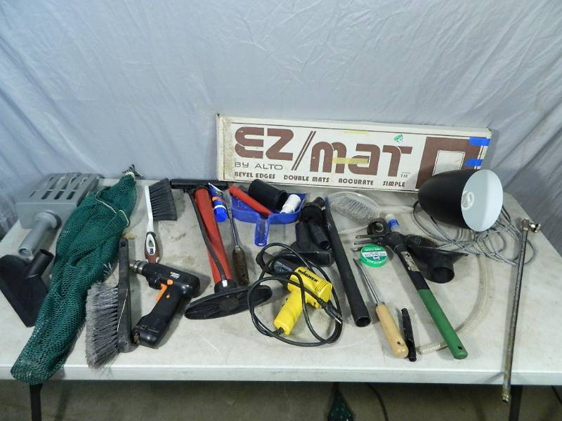 lot 141 image: Heat Gun, Shop Vac Parts, Brooms, Etc