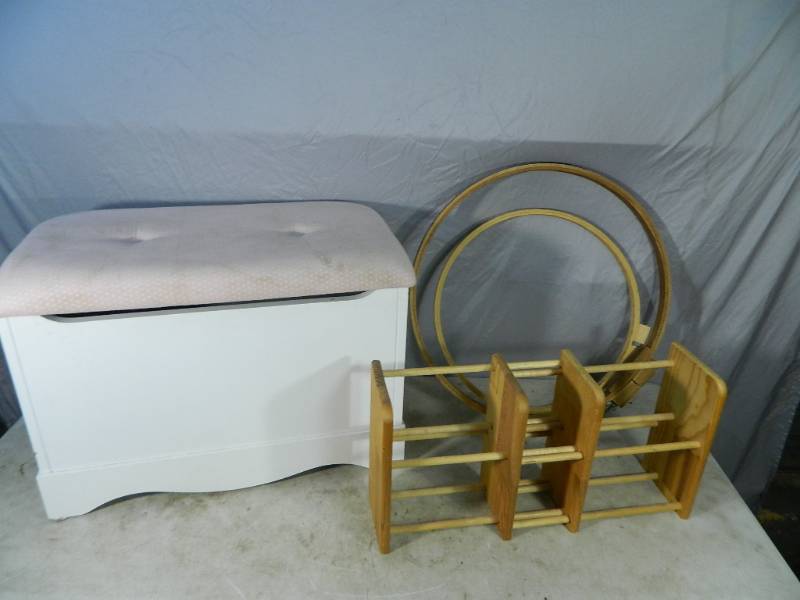 lot 160 image: Storage Bench, Needlepoint Rings, Etc