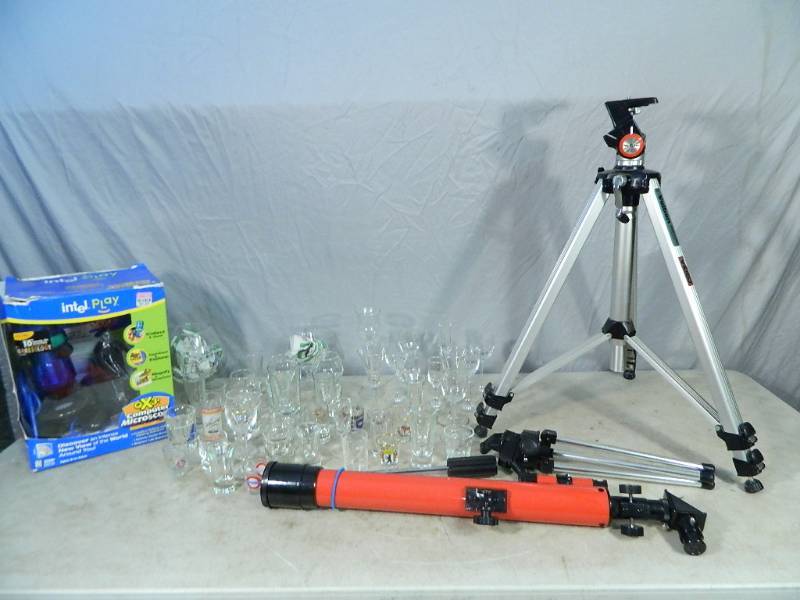 lot 182 image: Camera Tripod, Shot Glass Collection, Microscope, Etc
