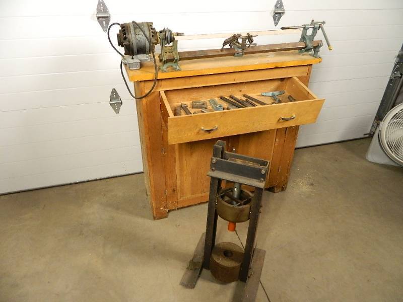lot 221 image: Wood Lathe with Cabinet and Press
