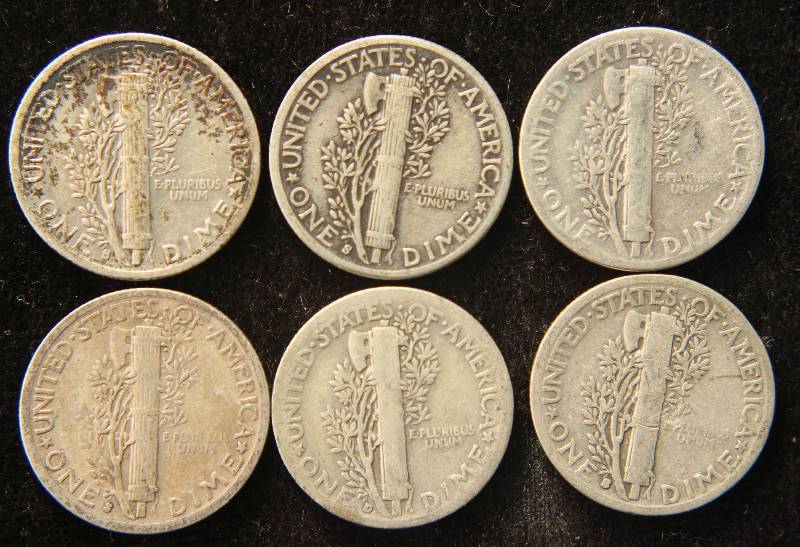 GROUP OF 6 MERCURY DIMES