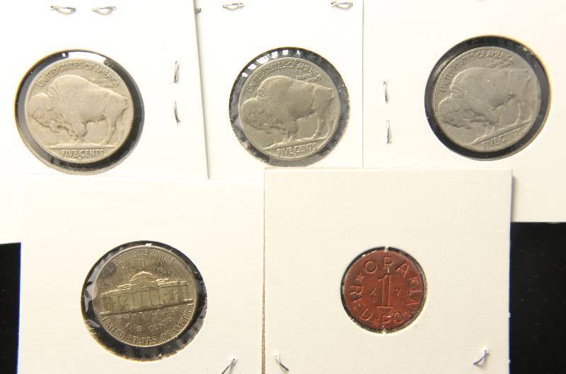 3 BUFFALO NICKELS, 1 SILVER WAR NICKEL & 1 WWII OPA POINT TOKEN