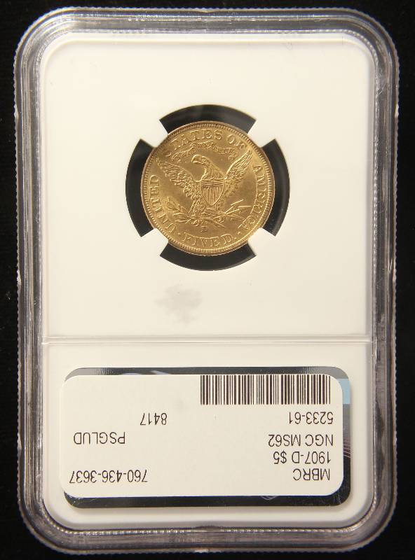 1907-D US $5 GOLD LIBERTY MS62 NGC