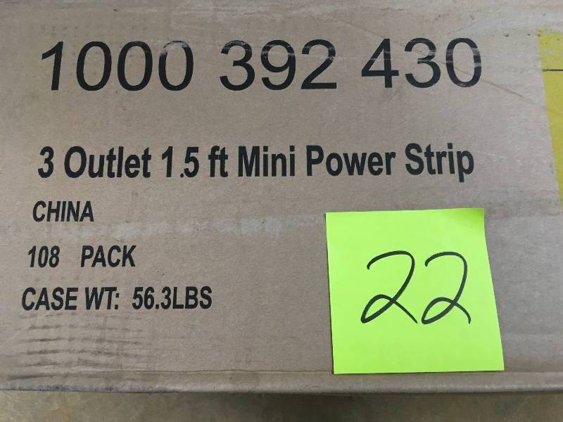A box of 108 3-Outlet Mini Power Strip Surge Protector with 1.5 ft. Cord