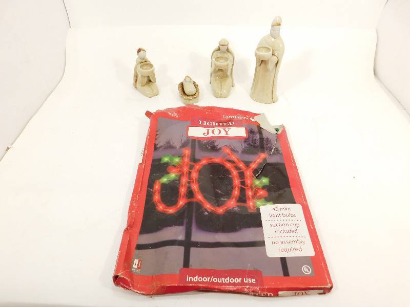 lot 48 image: The Three Kings & Baby Jesus In Crib Figurines & Lighted JOY Decoration