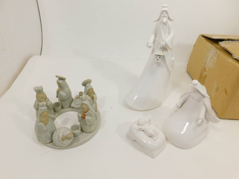 lot 69 image: Ceramic Set Of  Joseph & Mary & Baby Jesus In Crib & Nativity Set With Place For Four Candles